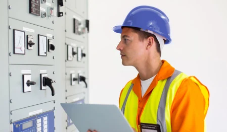 Profissional técnico atuando próximo a sistemas de automação industrial